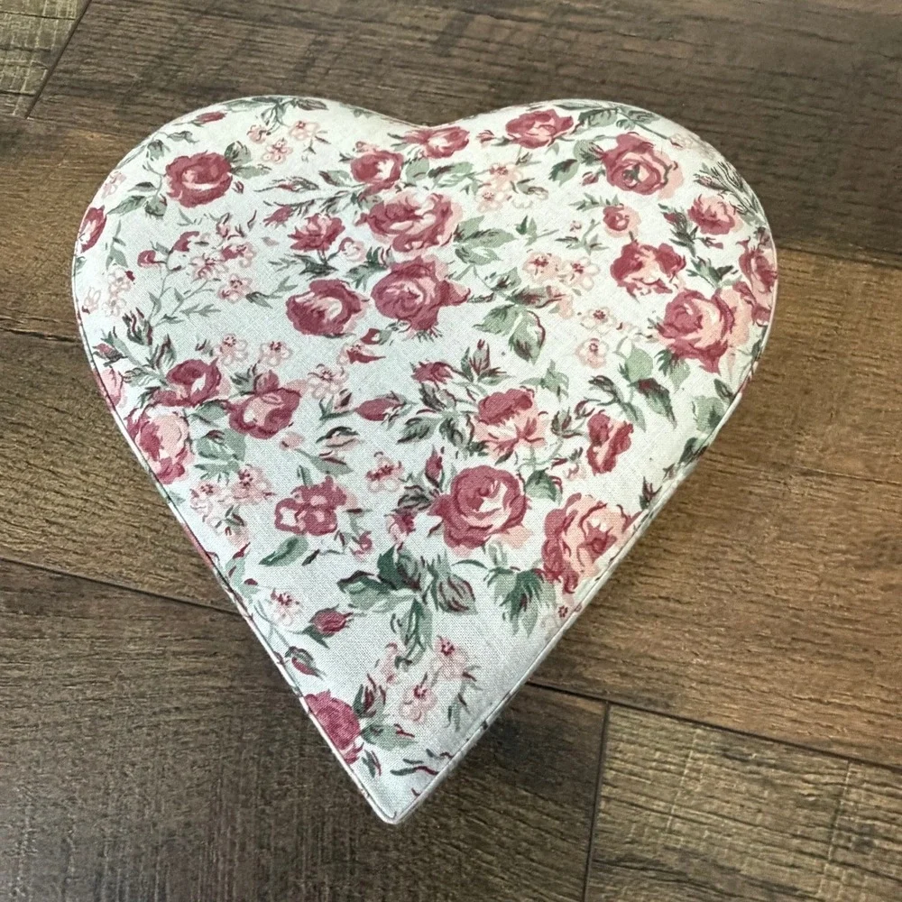 Heart Shaped Box in Rose Print Fabric Decorative Trinket‎ Box